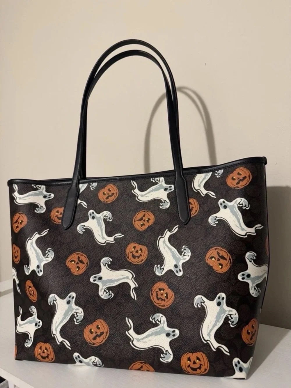 Coach Black Tote with White Ghosts & Orange Pumpkin Motif
